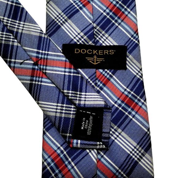 Red/White/Blue DOCKERS Plaid Polyester Neck Tie - Picture 3 of 3